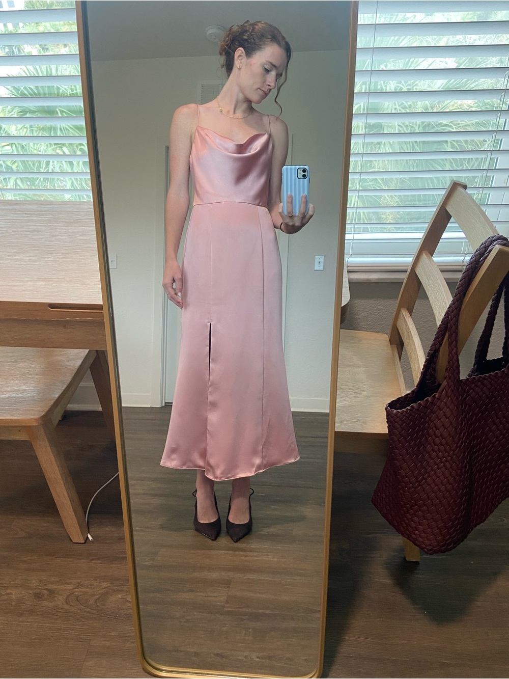 Amsale Blush Midi Dress with Cowl Neck